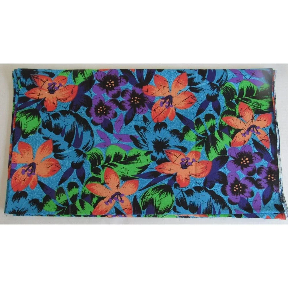 Hawaiian Tropical Print Floral Cotton Broadcloth Fabric 2.7 Yards Blue/Orange